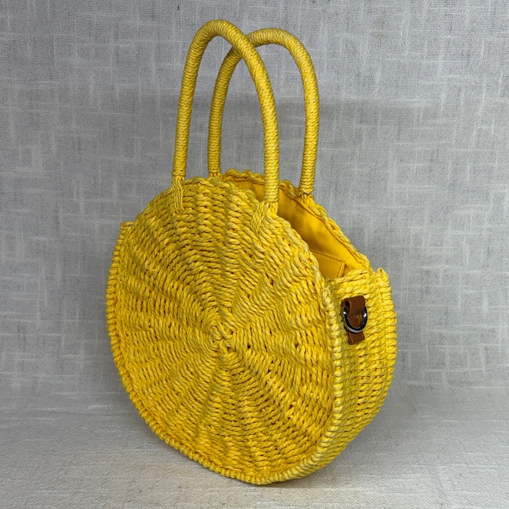 MMS Round Yellow straw Raffia Woven Handbag with zip closure and Top Handle - Picture 3 of 12